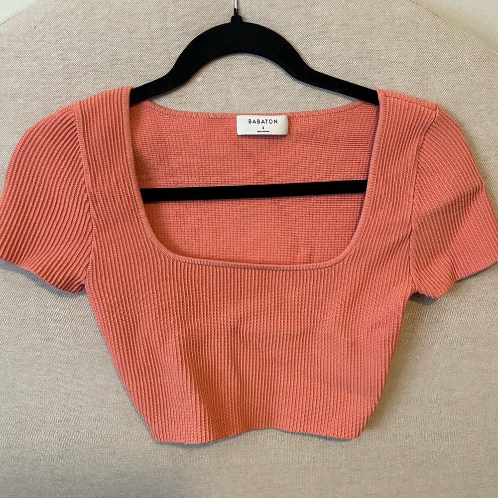 Aritzia- Babaton Sculpt Knit Squareneck Cropped Top- Size S- Color- Coral
